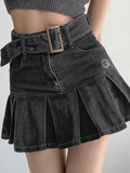 Tineit Buckle Belt Pleated Denim Mini Skirt