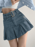 Tineit Buckle Belt Pleated Denim Mini Skirt