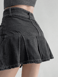 Tineit Buckle Belt Pleated Denim Mini Skirt