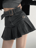 Tineit Buckle Belt Pleated Denim Mini Skirt