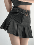 Tineit Buckle Belt Pleated Denim Mini Skirt