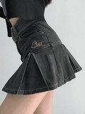 Tineit Buckle Belt Pleated Denim Mini Skirt