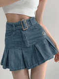 Tineit Buckle Belt Pleated Denim Mini Skirt