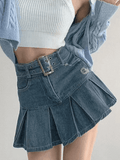 Tineit Buckle Belt Pleated Denim Mini Skirt