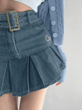 Tineit Buckle Belt Pleated Denim Mini Skirt