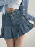 Tineit Buckle Belt Pleated Denim Mini Skirt