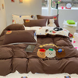 Tineit Mocha Bear Embroidery Bedding Set Twin Queen Duvet Cover Set Pillowcases for Adult Kids Bed Flat Sheet Cute Quilt Cover Kawaii