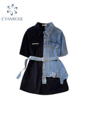 christmas outfit Tineit Women Denim Patchwork A-line Shirt Dress 90s Vintage Black Short Sleeve Mini Dresses Y2k Elegant One Piece Frocks 2000s Clothes