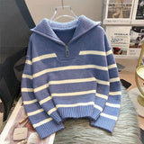 thanksgiving outfit Tineit Korean Striped Knit Pullover Women Half Zip Casual Loose Lazy Autumn Winter Jumpers Pretty Style Basic Warm Female Sweater