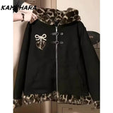 Tineit Japanese Harajuku Sweet Spicy Spliced Leopard Print Cotton Jackets Loose Retro Design Niche Thick Warm Cotton Jackets