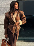 Tineit Cotton Thick Winter Leather Jackets Coats Women Belt Notched Shoulder Pads Motorcycle Street Chic Short Outwear Warm Solid Coat