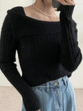 Tineit Solid Lapel Neck Slim Knit Sweater