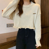 thanksgiving outfit Tineit Hollow Out Knitted Sweater Women Long-Sleeved Harajuku Y2K Chic Loose Lazy Pullover Hip-Hop Spring Fall Female Cropped Tops