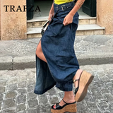 cold weather outfits Tineit 2024 Spring Summer Casual Denim Women Skirts Fashion Vintage Loose Sashes Elegant Chic Ladies Long Skirts