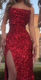 Tineit Pretty Sheath Spaghetti Straps Slit Red Sequin Prom Dresses Evening Dress (PRE-ORDER)