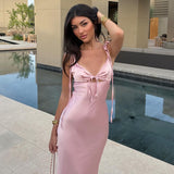 Tineit Elegant Satin Hollow Out Lace Up Maxi Dress Women Sexy V-neck Sleeveless Backless Female Party Dresses 2024 Summer Lady Robe New