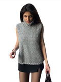 Tineit Knitted Sleeveless High Collar Waistcoat Sweater Women Casual All-match Solid Chic 2025 Autumn Vest Female Street All-match Coat