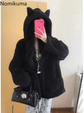 Tineit Streetwear Black Jackets Women's Lambhair Ear Hooded Sweatshirt Y2k Tops 2025 Ropa Mujer Casual Zipper Thicked Oversized Coat