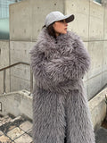 Tineit Women's Fashion Grey Warm Faux Fur Long Coat 2024 Luxury Lapel Full Sleeve Thick Fluffy Overcoat Winter Casual Female Streetwear