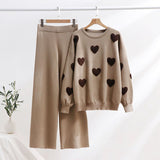 Tineit Heart Printed Knitted Sweater Pants Sets Women Long Sleeve Oversize Pullover High Waist Wide Leg Trousers Suits 2 Pieces Outfits