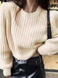 Tineit Solid Lantern Sleeve Short Knit Sweater