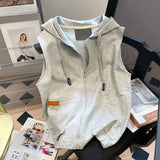 Tineit Hooded Gray Vest for Women Sleeveless Zipper Jackets 2025 Ropa Mujer Streetwear Fashion Waistcoat Y2k Tops Causal Korean Tanks