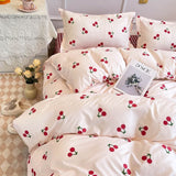 Tineit Korean Style Bedding Set Twin Queen Size Cute Cream Cherry Duvet Cover Flat Sheet Pillowcase Polyester Boys Girls Bed Linen