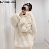 Tineit Winter Oversized Warm White Faux Fur Coats Women Clothes Bunny Ears Kawaii Sweet Cute Japanese Y2k Tops Fluffy Jacket Hoodie