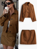 Tineit Vintage Short Suede Jacket Mini Skirt Set Women Lapel Single Breasted Crop Coat A-line Skirts 2024 Autumn Lady Commute Outfit