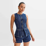 Tineit Casual Denim 2 Pieces Sets Women Slim O-neck Sleeveless Single Breasted Vest Wide Leg Shorts 2024 Summer Casual Lady Office Sets