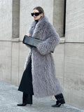 Tineit Women's Fashion Grey Warm Faux Fur Long Coat 2024 Luxury Lapel Full Sleeve Thick Fluffy Overcoat Winter Casual Female Streetwear