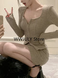 Tineit 2025 Autumn New Grey Casual Knitted Suits Sexy 2 Piece Skirt Set Woman Elegant Y2k Crop Tops + High Waist Slim Mini Skirt Korean