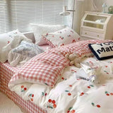 Tineit Korean Style Bedding Set Twin Queen Size Cute Cream Cherry Duvet Cover Flat Sheet Pillowcase Polyester Boys Girls Bed Linen