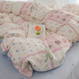 Tineit Floral Printed Duvet Cover Fresh Tulip Flower Comforter Cover and Sheet Pillowcase Skin-friendly Girl Home Bedding Set NO Filler