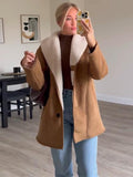 Tineit Casual Loose Jacket Women Single Breasted Long Sleeve Pocket Loose Coat Vintage 2025 Autumn Fur Fashion Chic Female Outwear Top