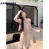 Tineit Japanese Y2k Sweet Spicy Small Satin Textured Floral Lace Camisole Dress Casual Slim Fit Cardigan Two-piece Sets Платье