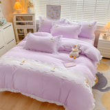 Tineit Kawaii Princess Bedding Set with White Ruffles Korean Style Girls Single Full Duvet Cover No Filling Flat Sheet Pillowcases Kit