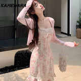 Tineit Japanese Y2k Sweet Spicy Small Satin Textured Floral Lace Camisole Dress Casual Slim Fit Cardigan Two-piece Sets Платье