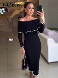 Tineit Elegant Knit Off Shoulder Midi Dress Women Slim Slash Neck Long Sleeve Hip Package Female Dresses 2024 Autumn Lady Casual Robes