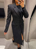 Tineit Elegant Long Blazer Coat Women Single Breasted Black Loose Long Sleeve Shoulder Pads Thicken Suit Jacket Female 2025 Spring Tops