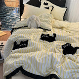 Tineit Pink Striped Cat Embroidery Bedding Set Korean Style Washing Cotton Cute Cardboard Duvet Cover Bed Sheet Pillowcases 3/4pcs