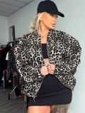 Tineit Leopard Zipper Bomber Jacket Women High Street O-neck Oversize Printed Outerwear 2025 Autumn Chic Female All-match Coat Tops