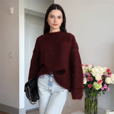 Tineit Mohair Knitted Sweater Women Oversize O-neck Long Sleeve 2025 Autumn Pullover Female Casual Chic Solid All-match Jumper Tops