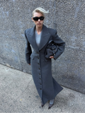 Tineit Elegant Grey Waist Up Wool Blends Long Jacket Women's Chic Lapel Collar Single Breasted Overcoat Temperament Lady Outerwear 2024