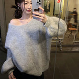 thanksgiving outfit Tineit Bow Sexy Backless Women Sweater Knitted Reversible Gray Loose Lazy Chic Pullover Simple Harajuku Sweet Student Jumpers