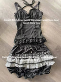 Tineit Early Autumn Three Piece Sets Sweet Lolita Lace Up Ruffles Cardigan+ Sexy Slim Fit Strapless Vest Tops+ High Waist Ruched Skirts