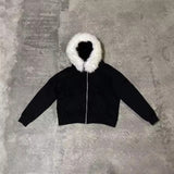 Tineit Dark Faux Fur Collar Harajuku Hiphop Y2K Zip up hoodie Oversized Punk Zipper Hoodie sweatshirt Retro Rock Goth Streetwear Jacket