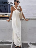 Tineit Elegant Off Shoulder Hang Neck Dress For Women Loose Sleeveless Backless Female Midi Dresses 2024 Summer Loose Lady Beach Robes