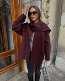 Tineit Fashion Women's Burgundy Tassels Scarf Collar Jacket Elegant Single Breasted Long Sleeve Wool Blends Coat Lady 2025 Chic Outwear