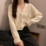 thanksgiving outfit Tineit Autumn Cropped Knitting Cardigans Women Y2K Fashion Chic V Neck Patchwork Outwear Korean Loose Single Breasted All Match Sweater